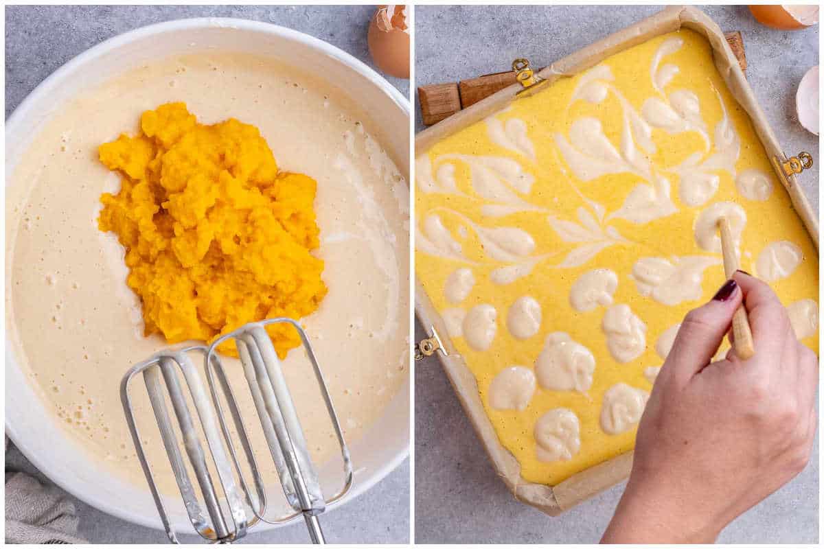 process shot to whisk the pumpkin puree with the egg mixture and adding it to a baking pan with cream cheese topping.