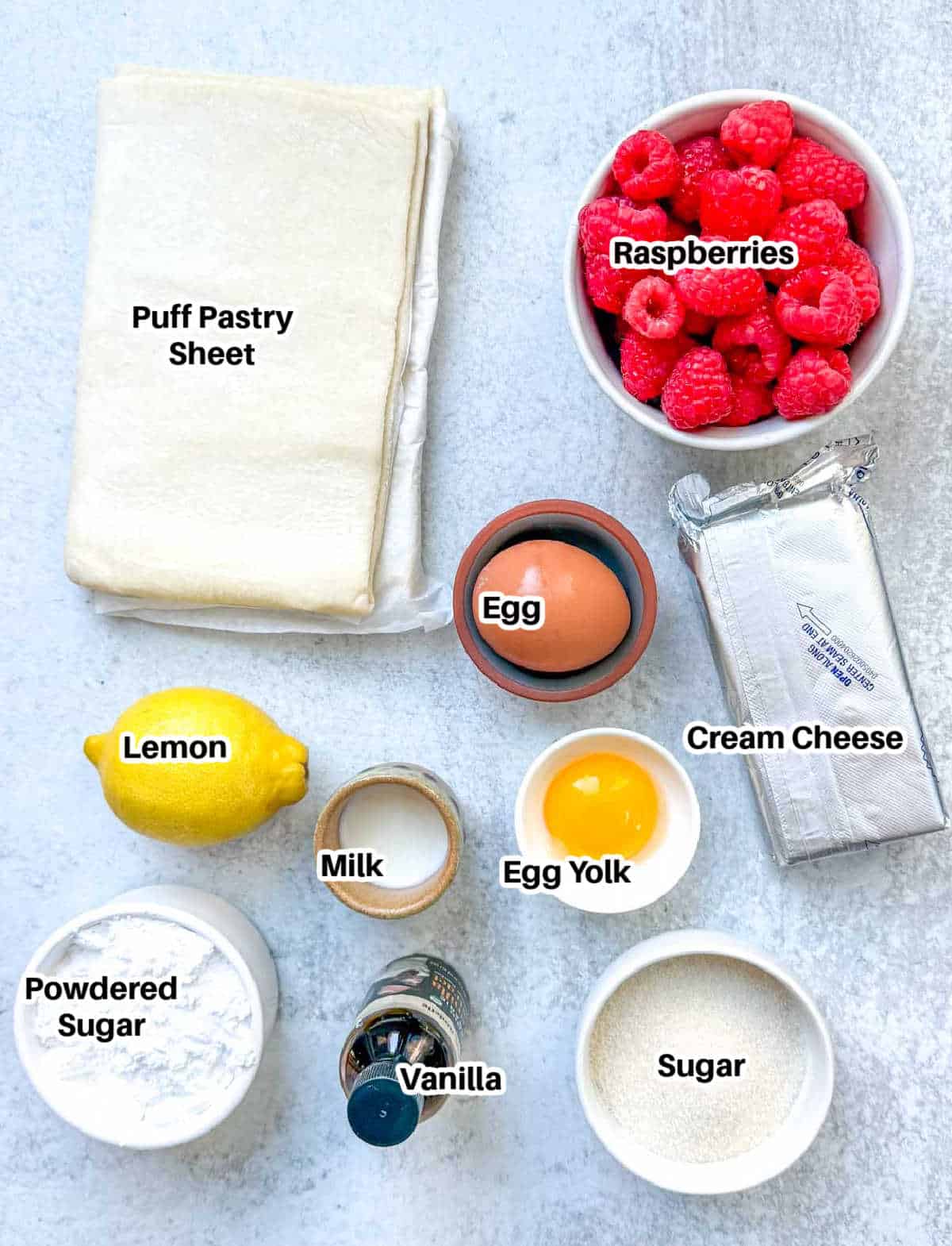 Ingredients to make raspberry cheese danish.