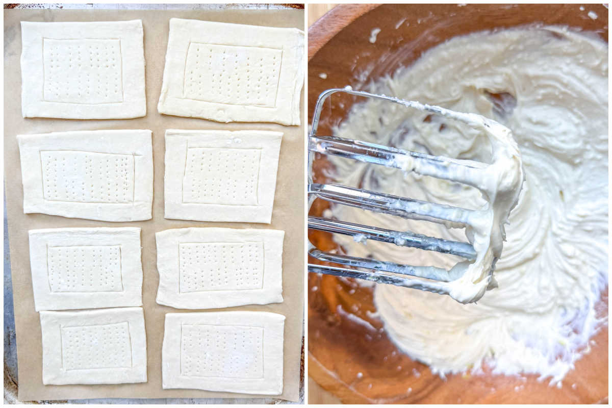 process shot to put the pastry sheets on the pan and make the cream cheese filling. 