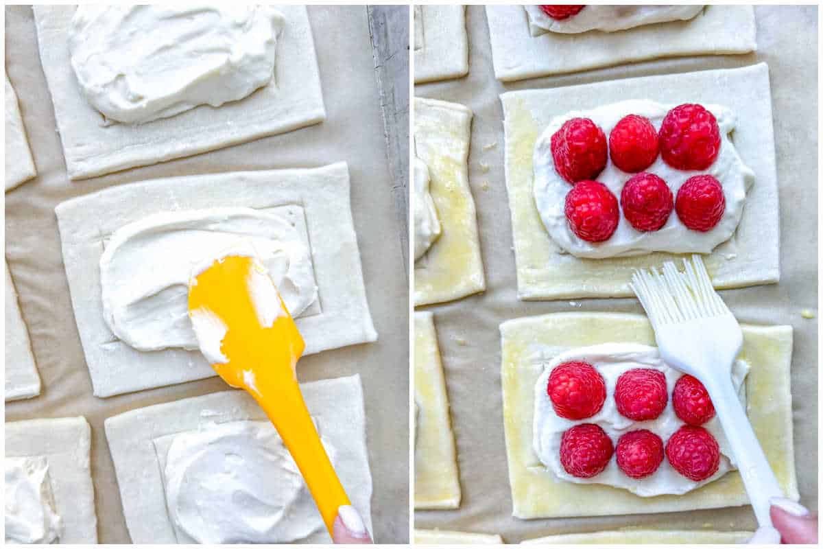 adding cream cheese filling on the pastry dough, adding raspberries, and egg wash.