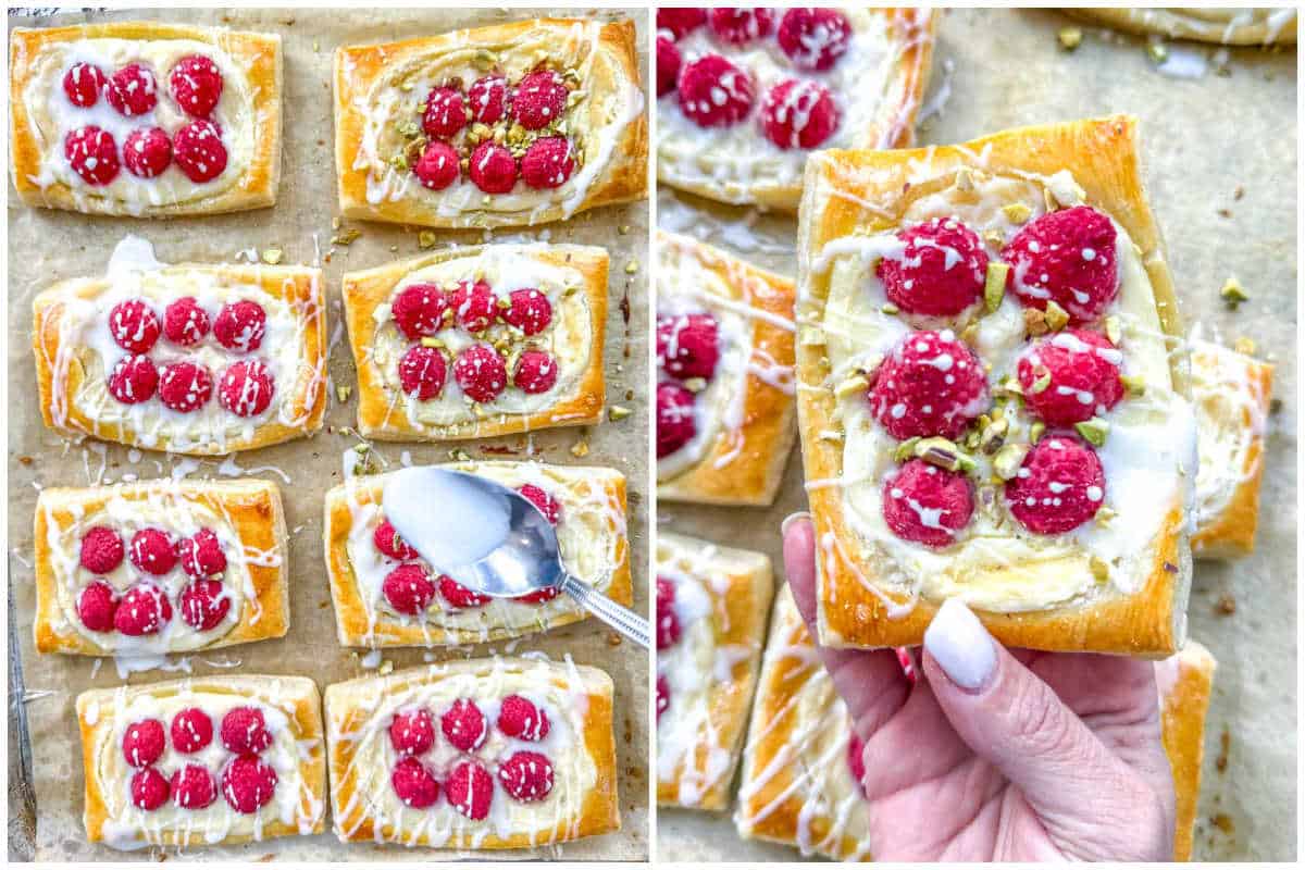 process shot of adding glaze over the danishes.