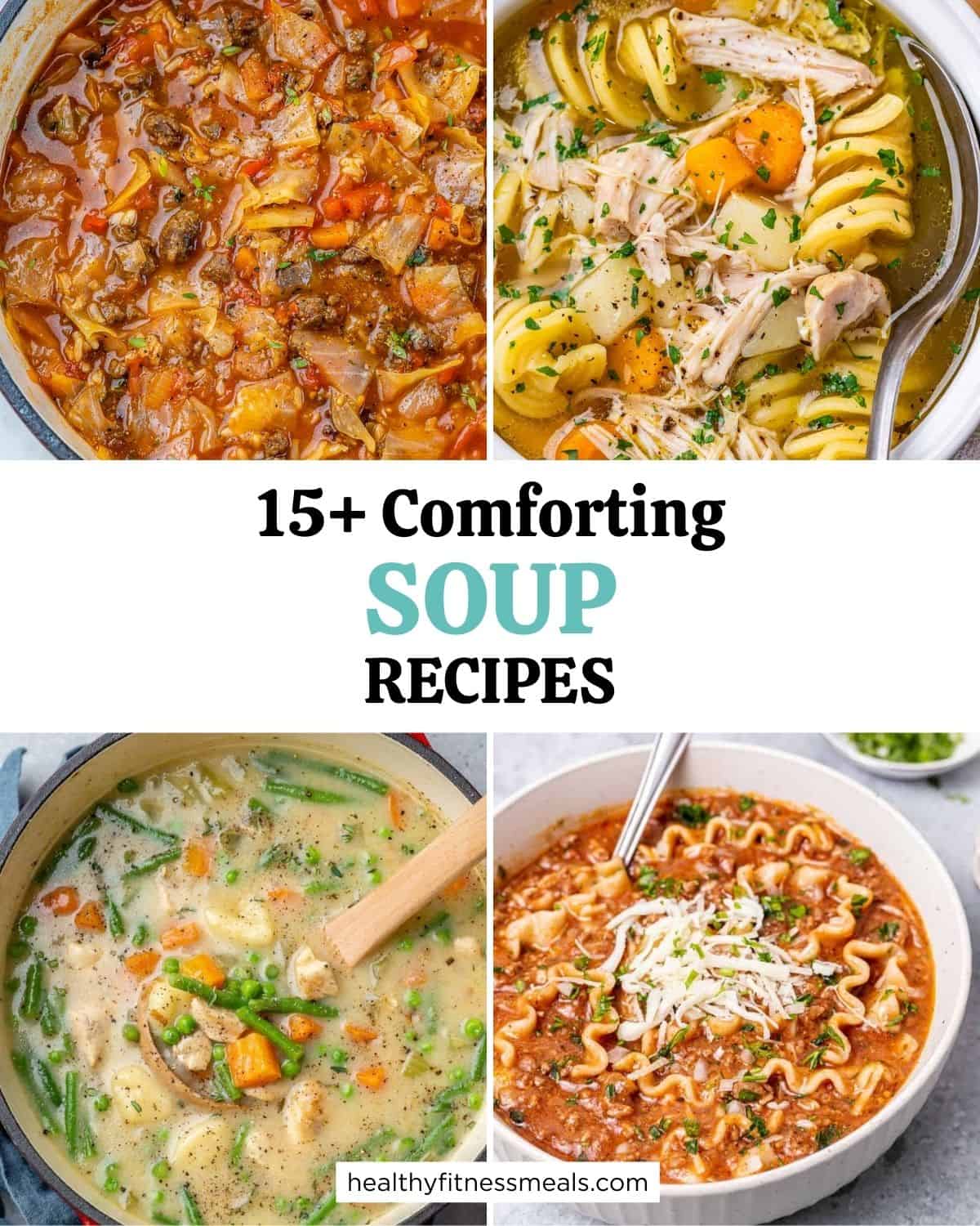 graphic of 4 images of a soup recipe roundup.