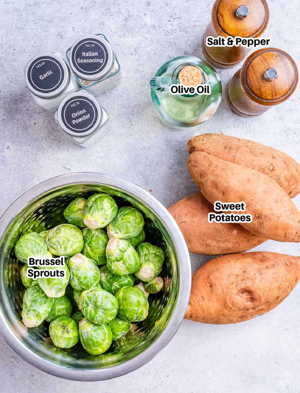 ingredients for sweet potato and brussels sprouts.