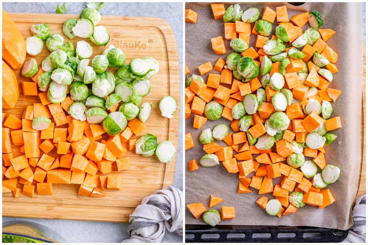 process shot of chopping the veggies and adding to the pan.