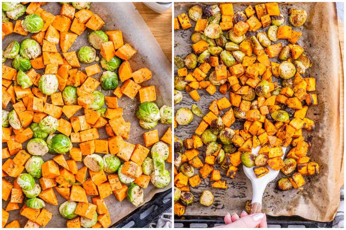 process shot of baking the Brussels sprouts and sweet potatoes in a pan.