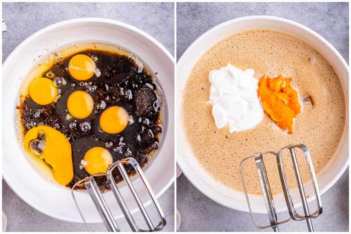 process shot of whisking eggs with sugar, then on the right its showing adding yogurt and sweet potato to the whisked egg.