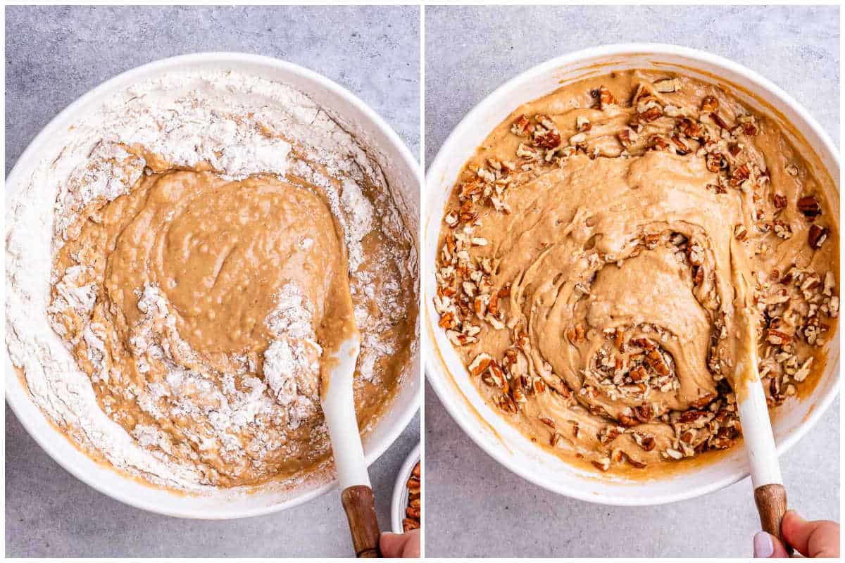 process shot of adding flour to the batter and mixing.