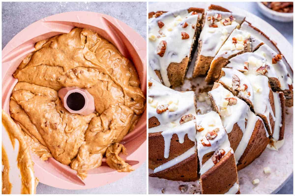 adding batter to the cake pan and the final product of the cake in the pan.