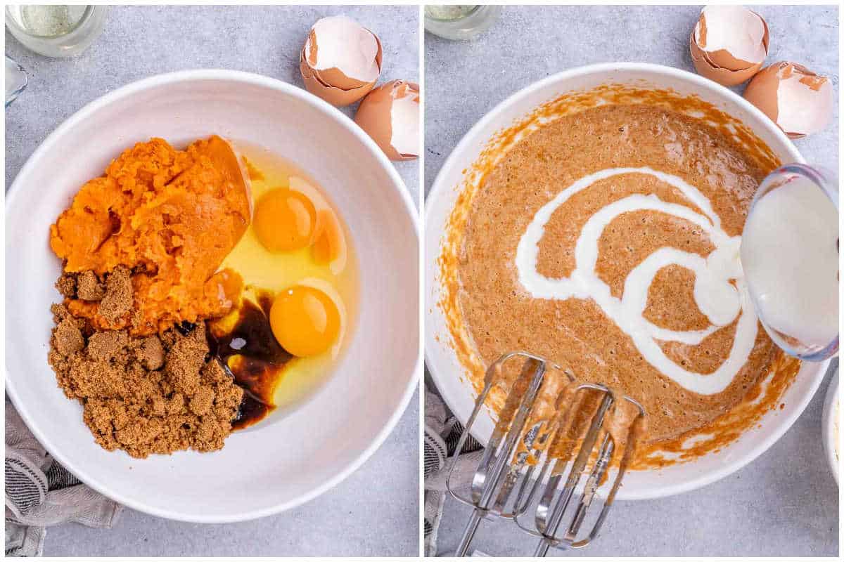 process shot showing beating the eggs with sweet potato, sugar, and eggs and then adding the buttermilk to whisk again.