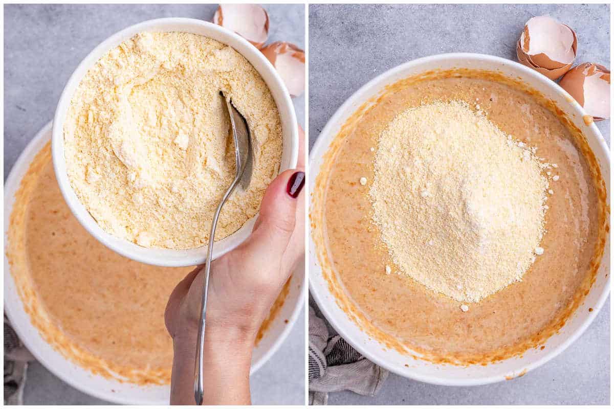 process shot adding the cornmeal into the batter.