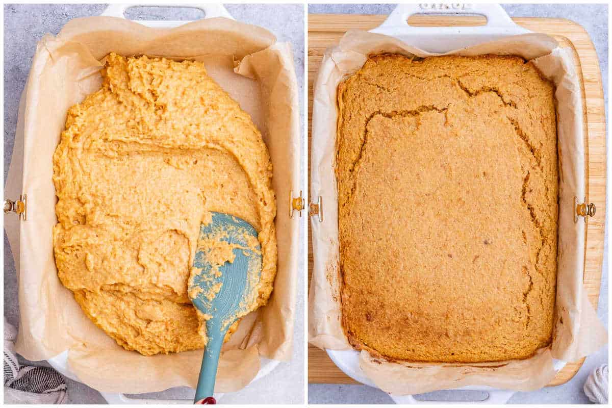 process shot adding the cornbread batter into the dish.