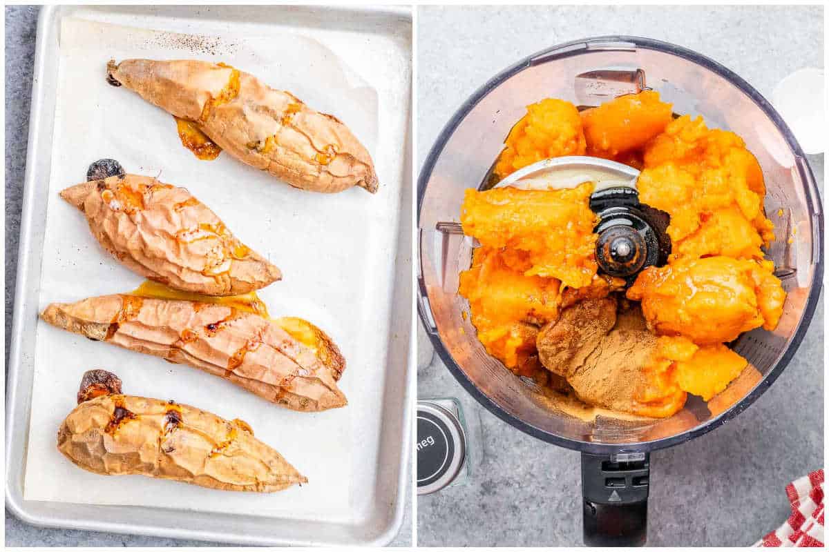 process shot to bake the potatoes on a sheet pan on the left and blending the sweet potato filling in a food processor on the right.