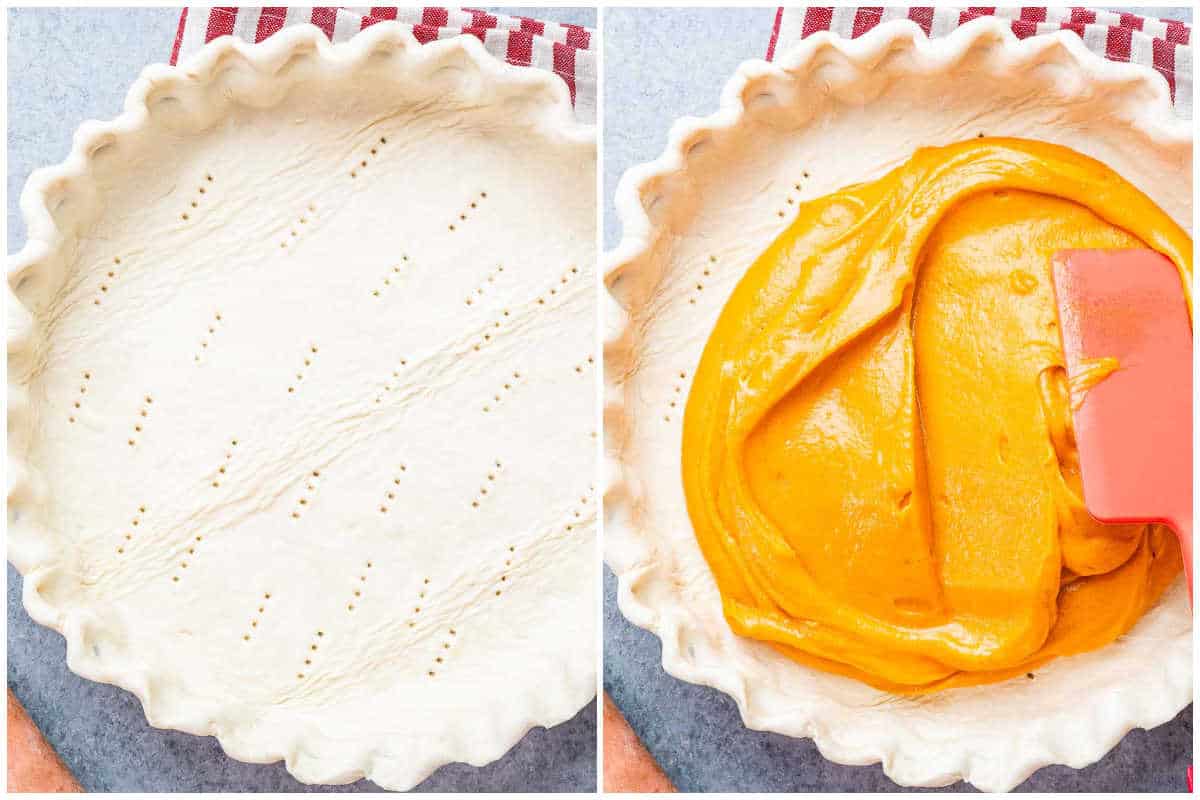 process shot- on the left is the pie crust in pan, then on the right is filling being added to the pie crust.