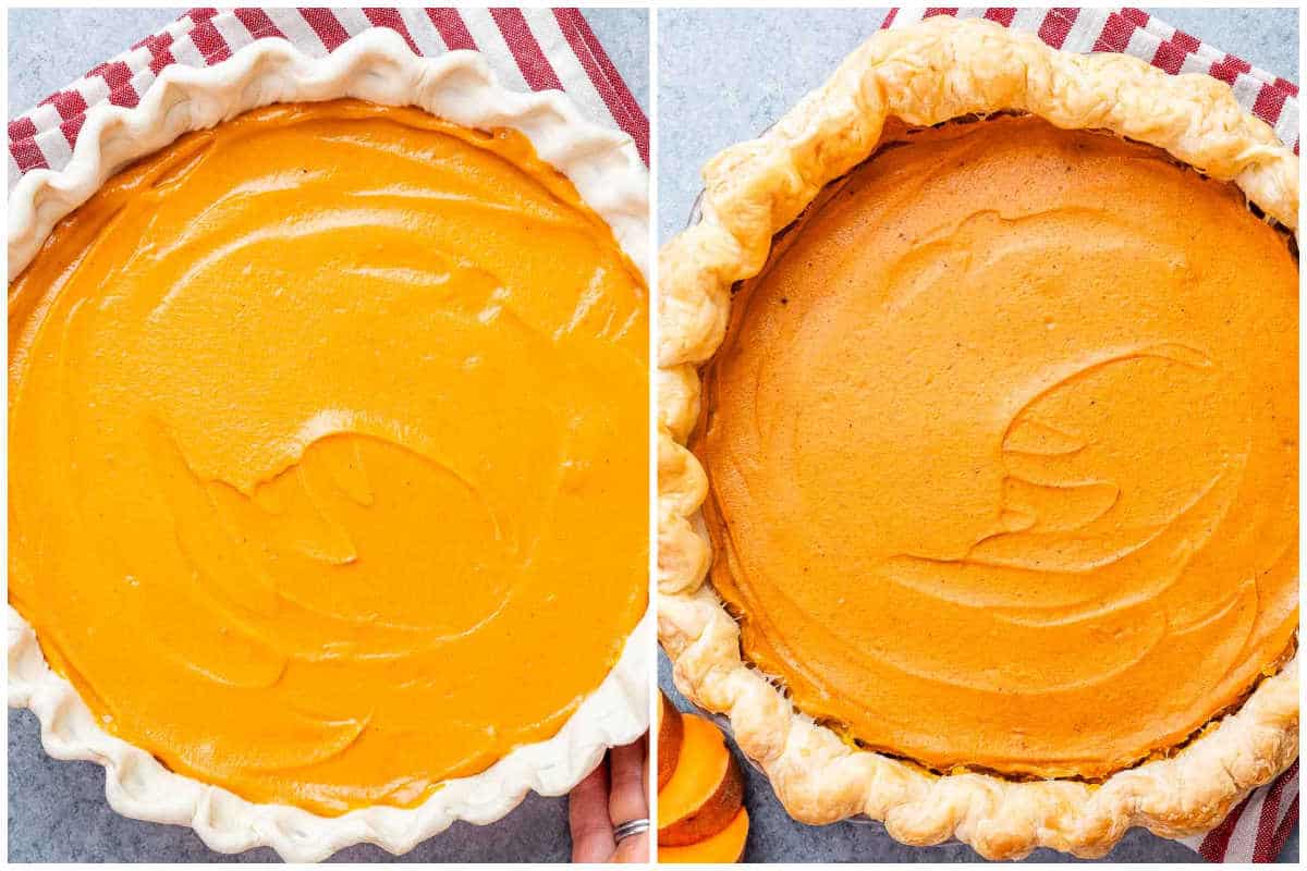 process shot- left one is the pie filled with the filling unbaked, and the right is the pie that's already baked, and it is uncut. 