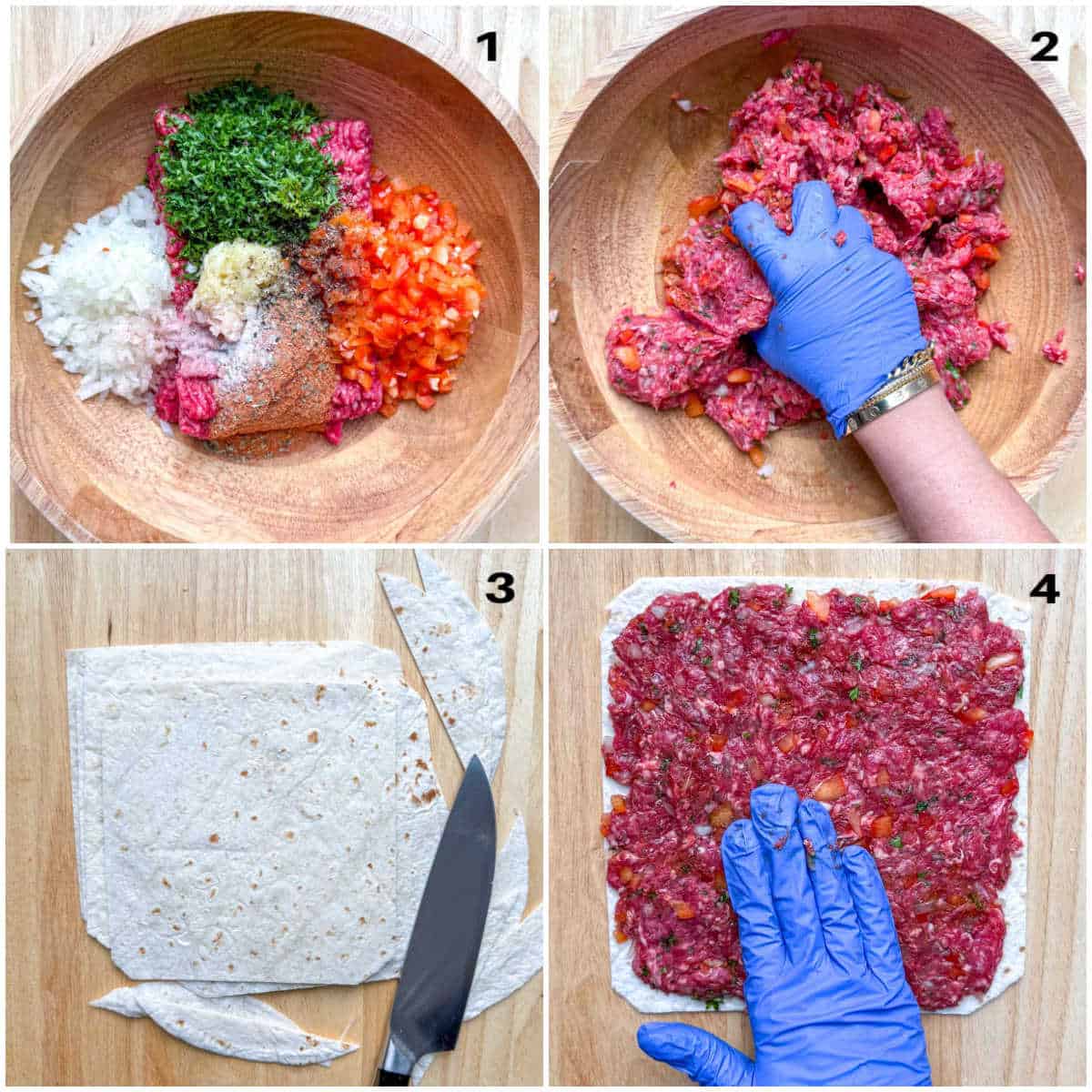 process image showing preparing the meat and spreading it over tortilla.