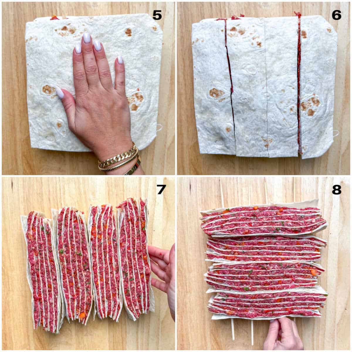 process shot showing slicing the stacked tortillas with seasoned beef.