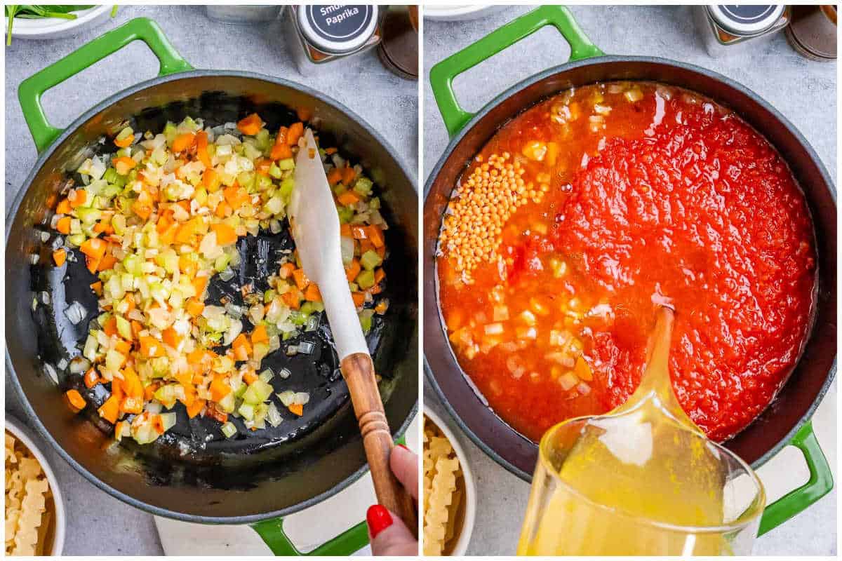process shot of cooking the veggies in a pan and adding the tomato sauce