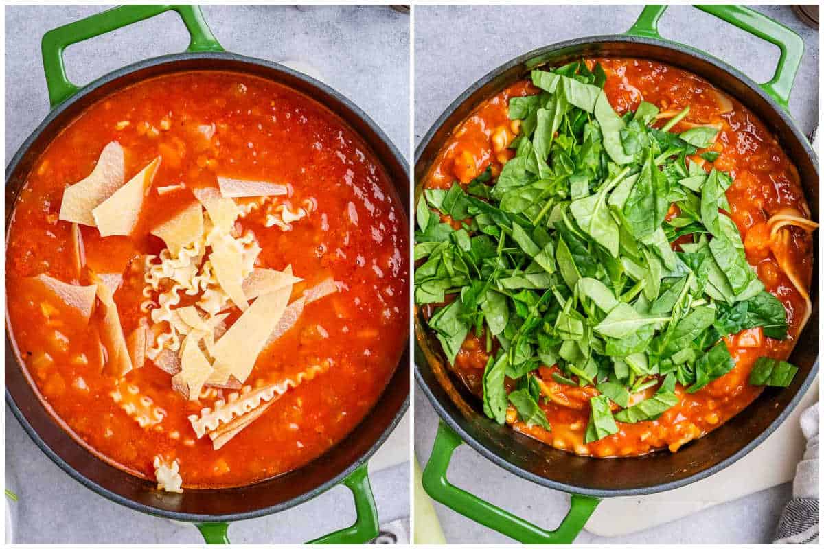 process shot of adding the pasta and the spinach to a pot.
