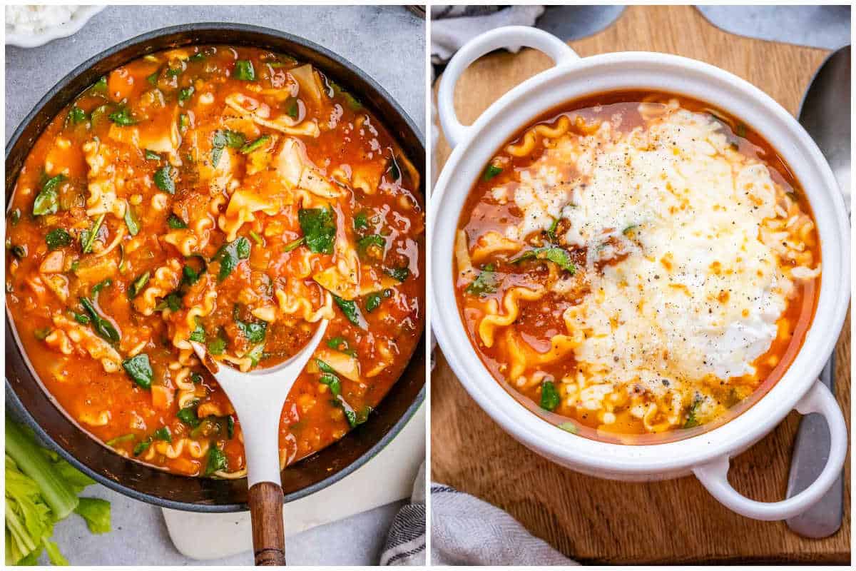 process shot of mixing the soup in a pot and serving in a bowl.