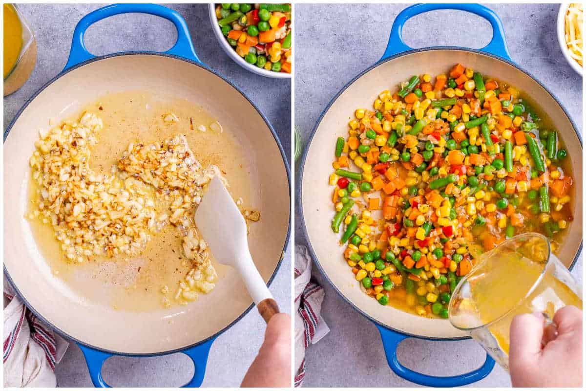 process shot showing sauteing onion and adding veggies to a pan.