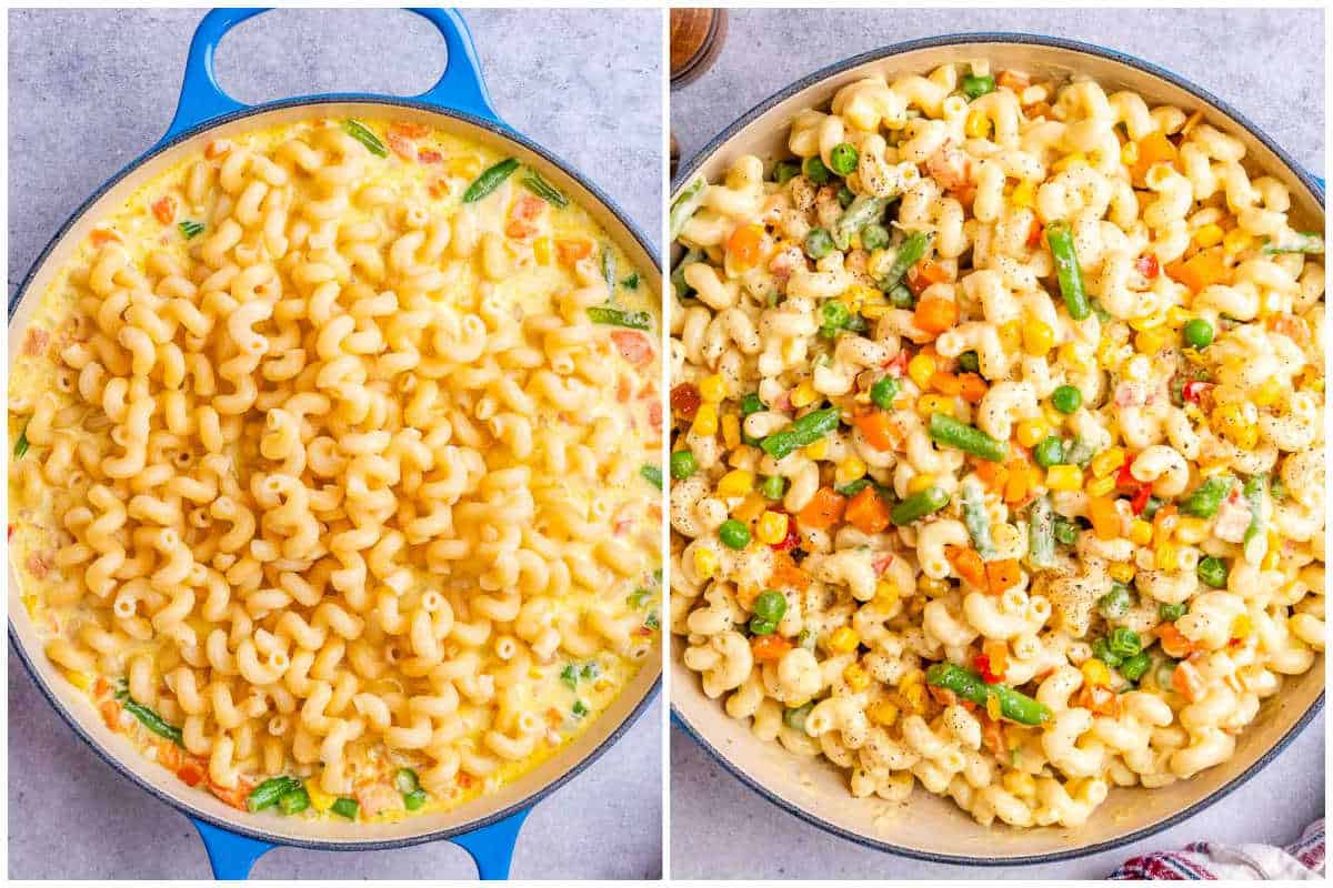 process shot showing adding pasta to the mac and cheese sauce.