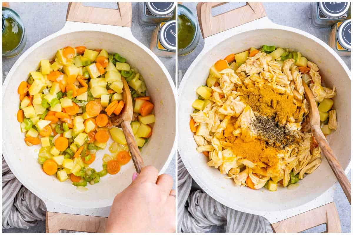 process shot of adding the veggies to the pot and all the seasoning in the pot.