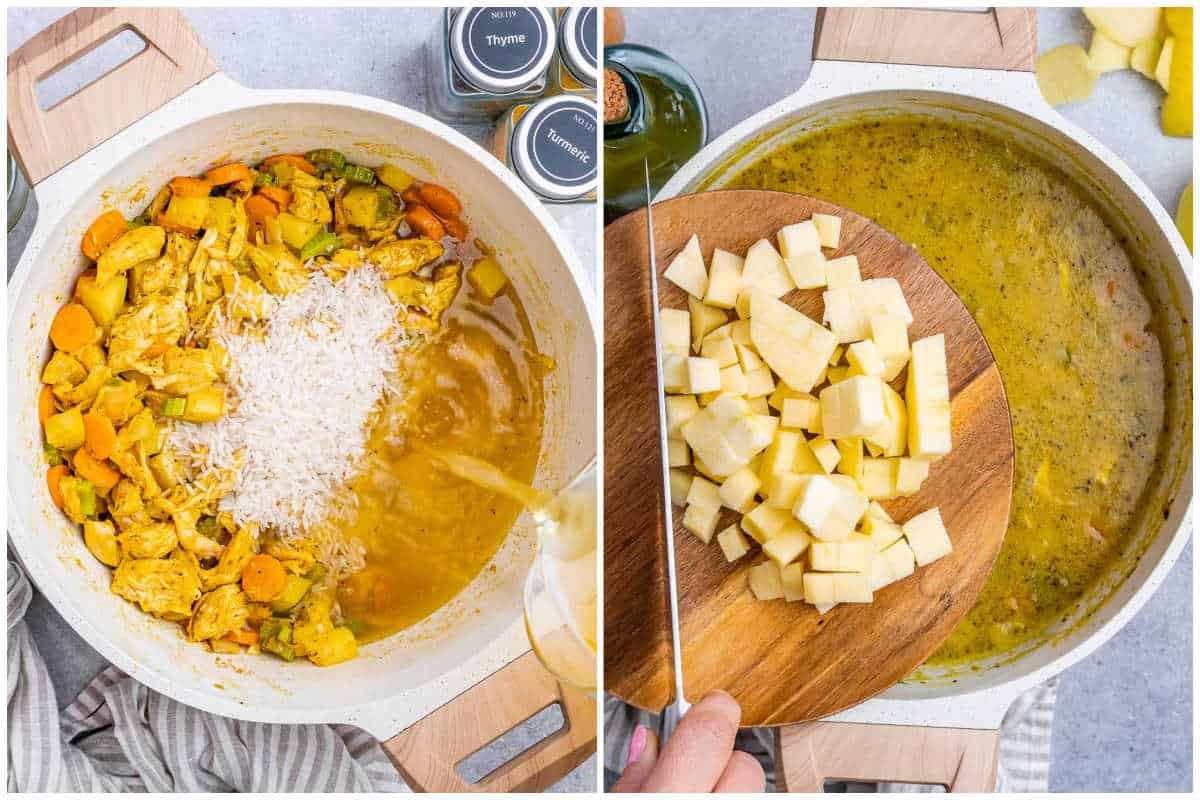 process shot of adding the broth in the pot along with the shredded chicken.