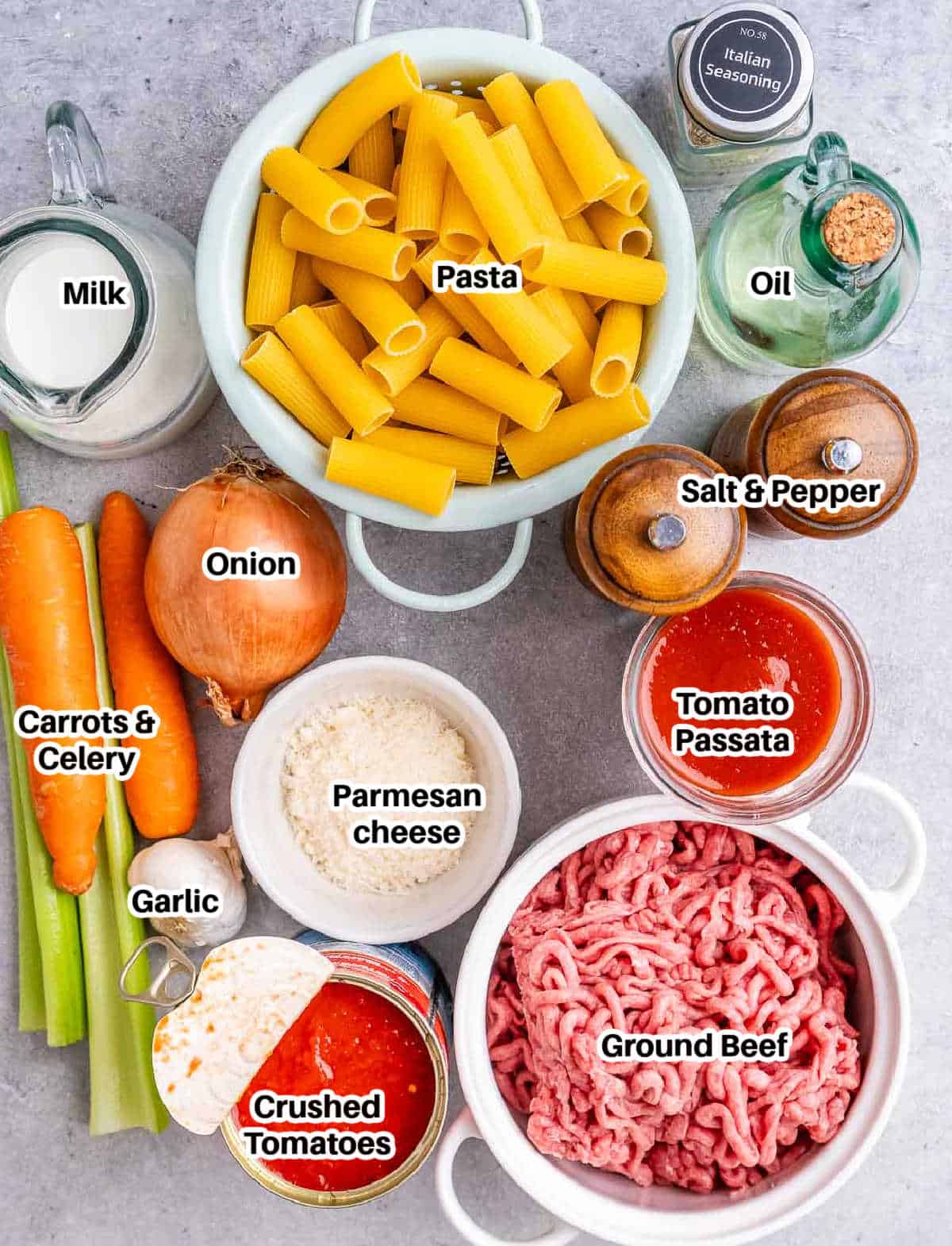Ingredients to make rigatoni bolognese.