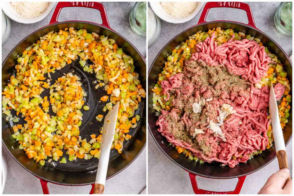 process shot to saute the veggies and mixing in the brown beef and herbs