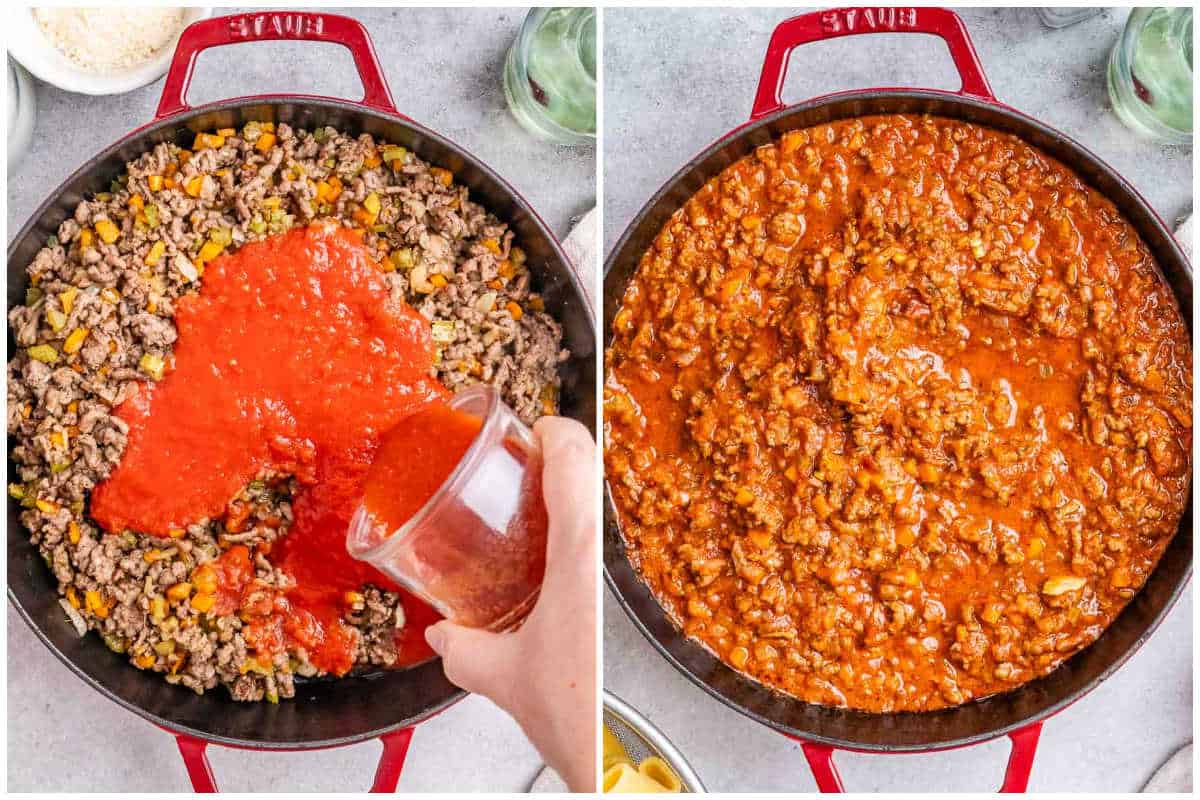 process shot of adding the tomato sauce over the cooked brown beef and cooking it. 