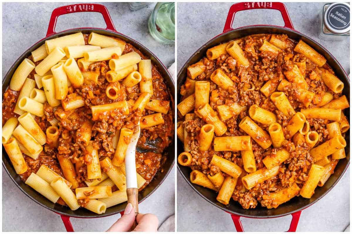process shot of adding the pasta into the cooked ground beef in tomato sauce.
