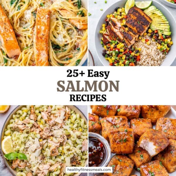 COLLAGE OF 4 SALMON RECIPES FOR A RECIPE ROUNDUP.