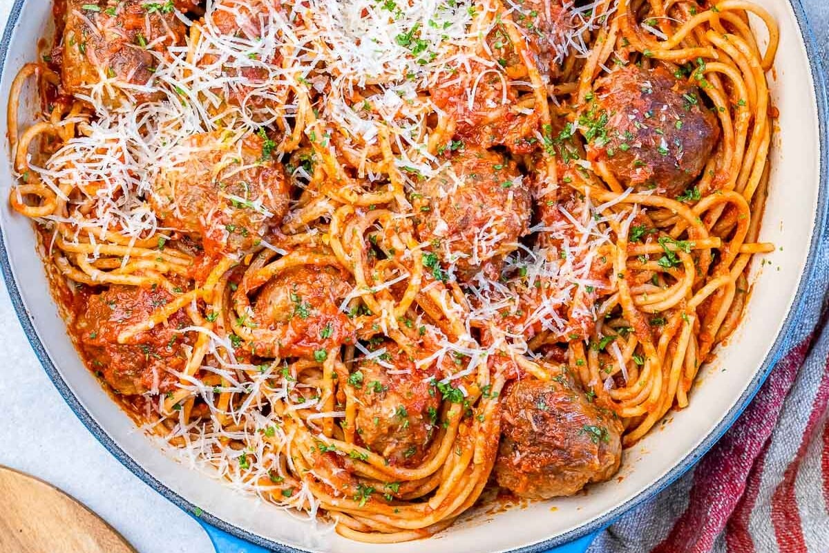 meatballs and spaghetti in red sauce.