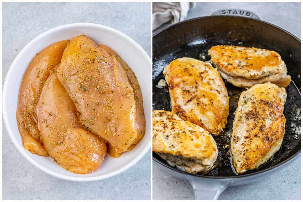 process shot to season chicken breasts and searing in a pan.