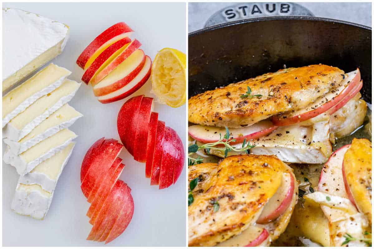 process shot of slicing the apples and brie and then stuffing the chicken breasts.