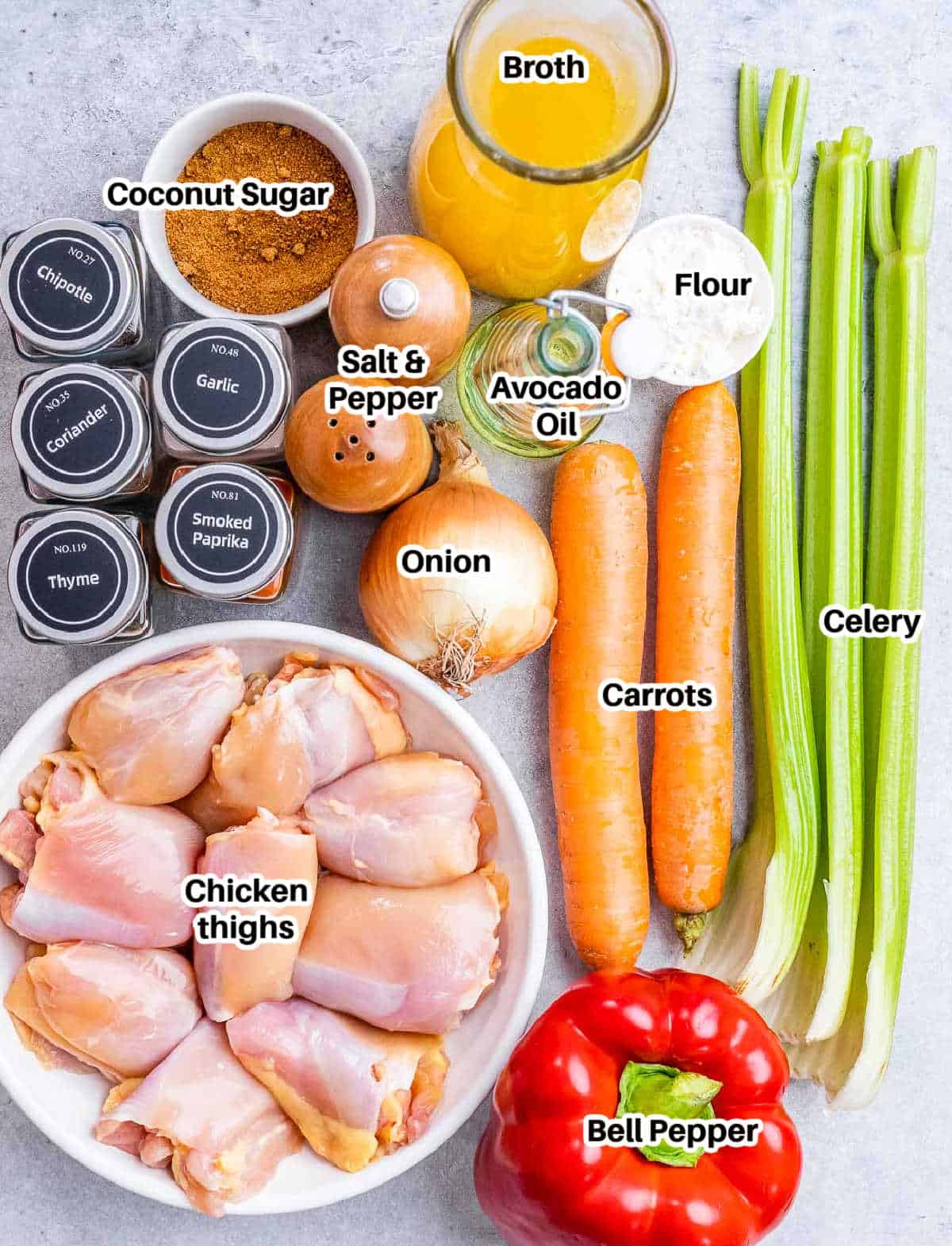 ingredients for brown chicken stew.