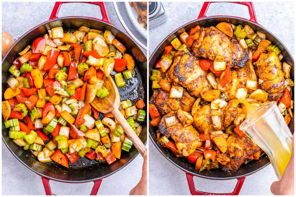 process shot to add the veggies with the chicken, and pour the broth over the chicken and veggies. 