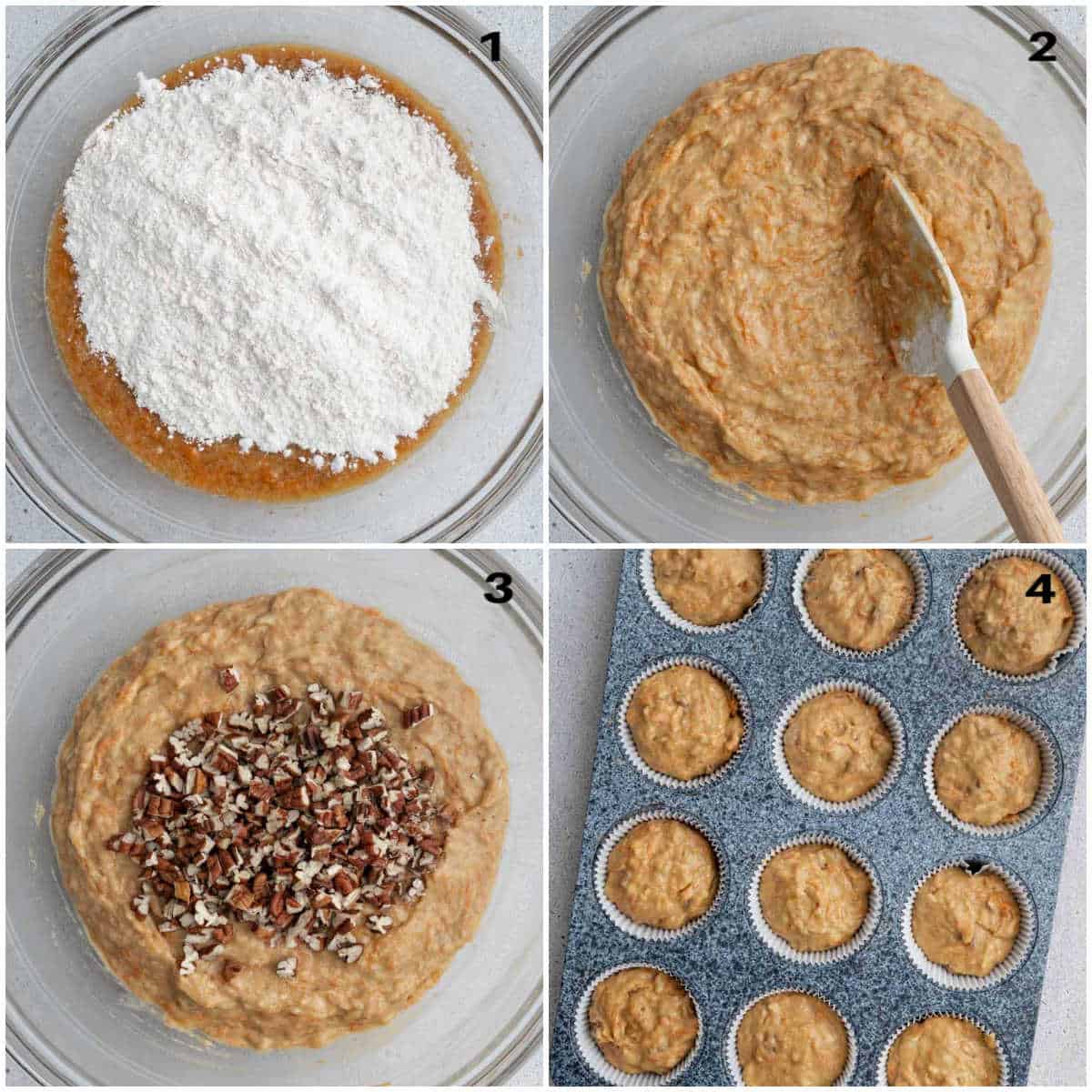 process shot to mix the flour mixture with the egg and carrot mixture in a bowl.