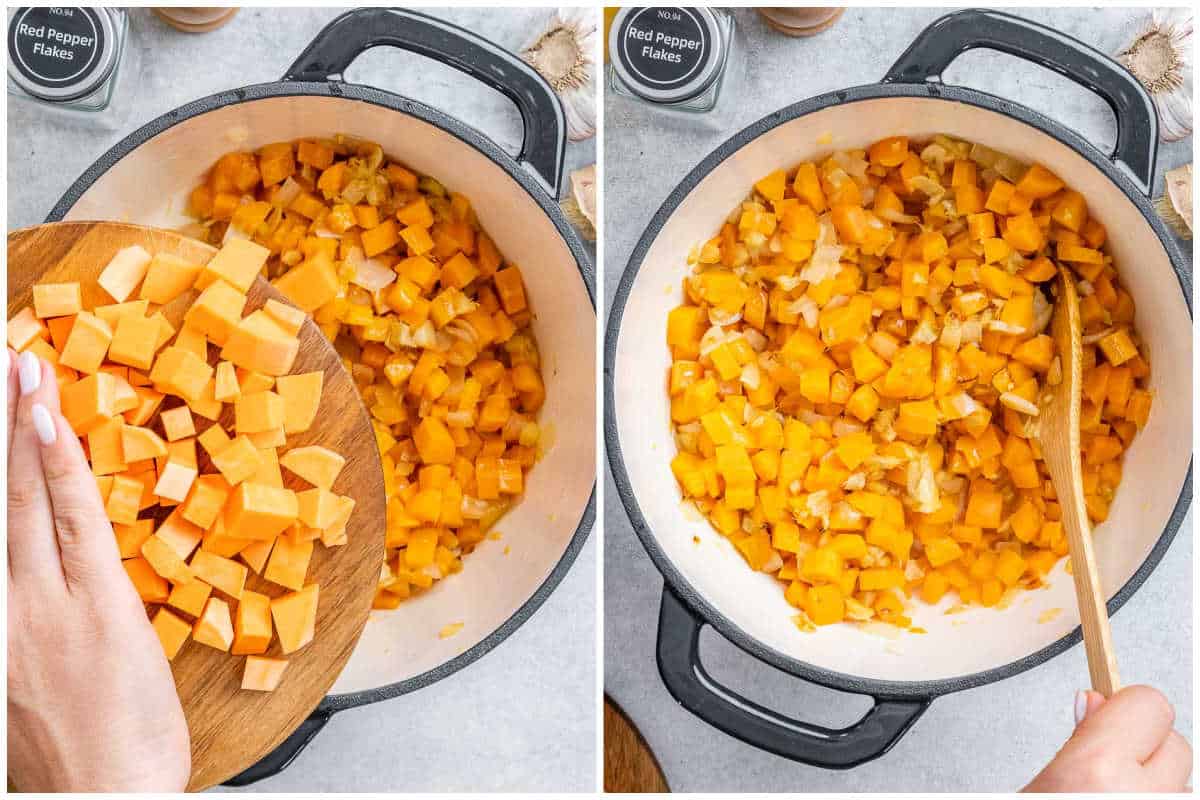 process shot of adding the sweet potatoes and carrots in a pot and mixing. 
