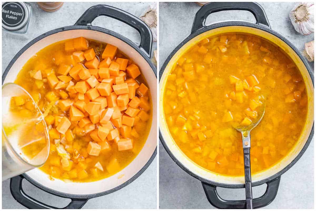 process shot to add the broth over the veggies in the pot and mixing.