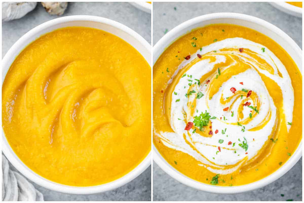 process shot of serving the carrot ginger soup in a bowl and topping with yogurt.