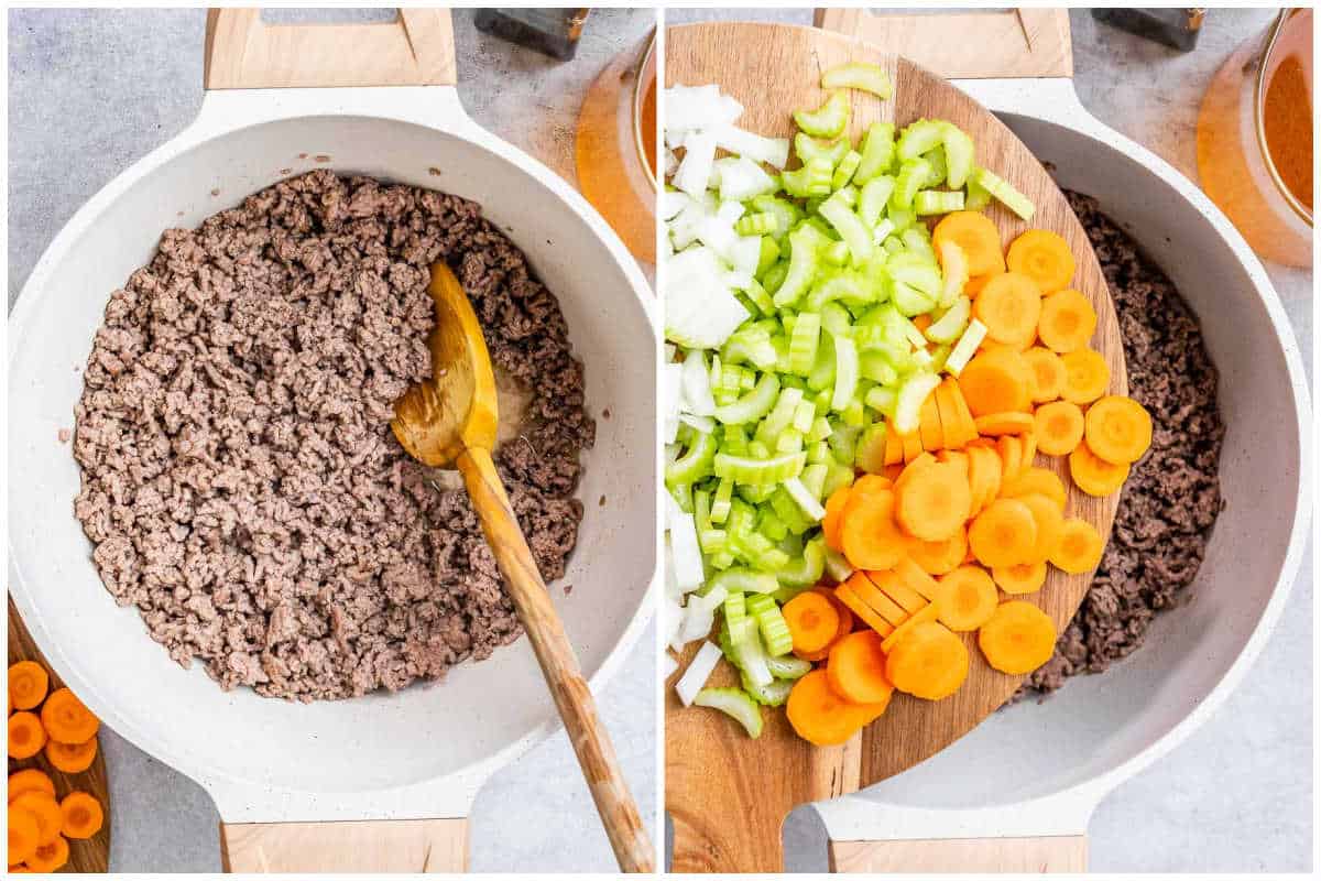 process shot to cook the beef and adding chopped veggies in the beef.