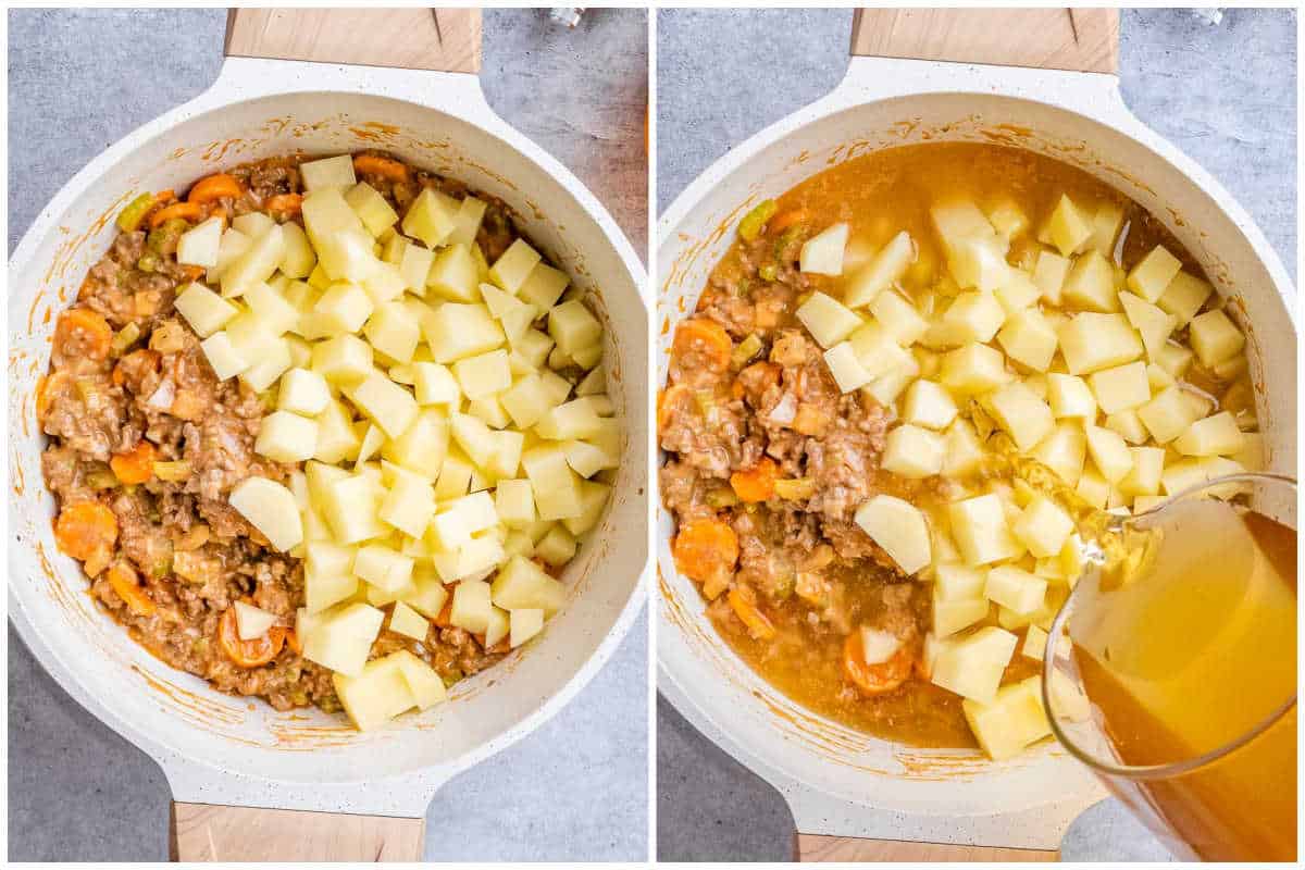 Adding potatoes and broth to the pot of soup with the seared ground beef.
