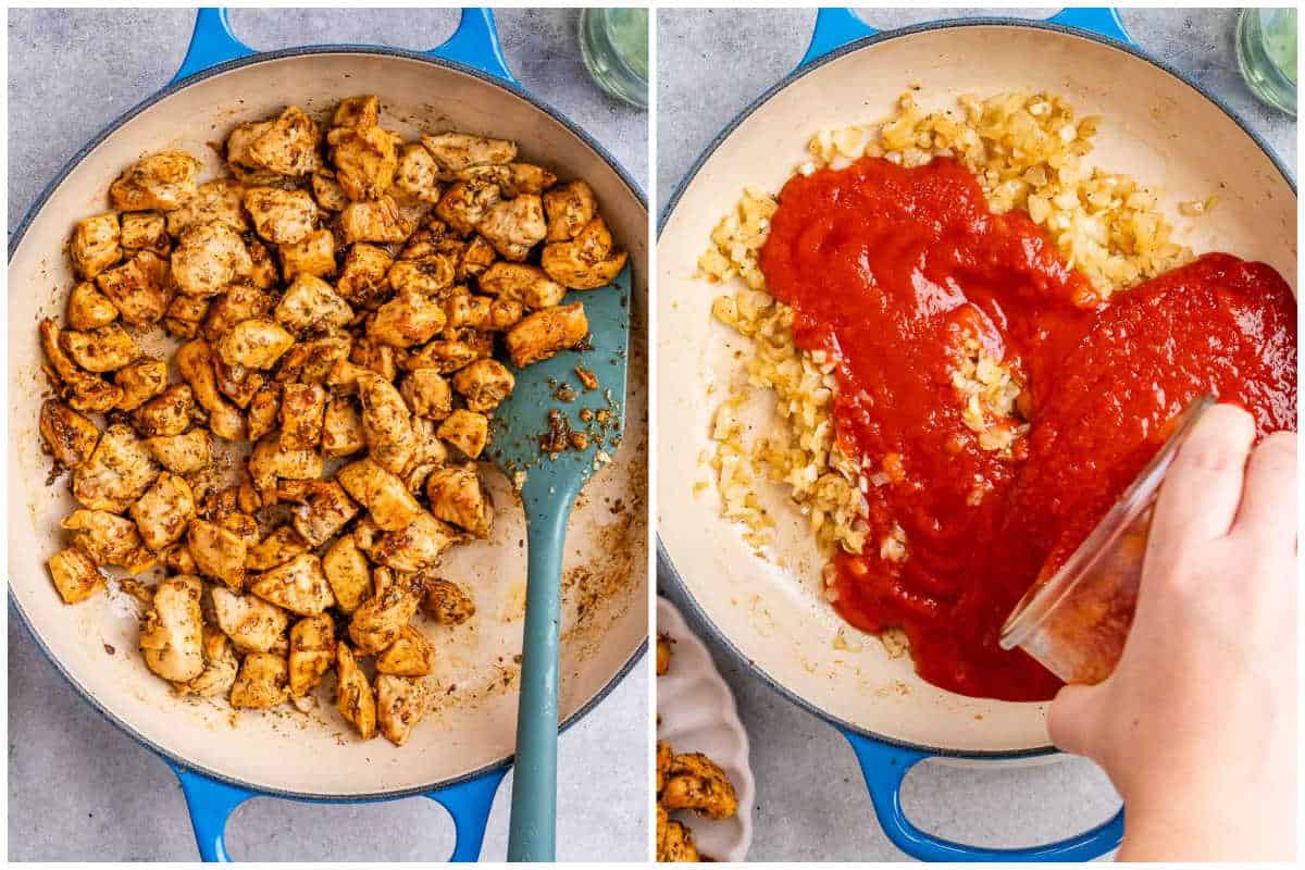 process shot to make chicken and adding the tomato sauce in the pan.