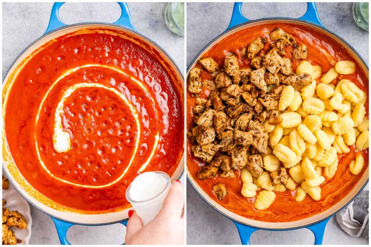 process shot make add the chicken and the gnocchi in a tomato sauce base.
