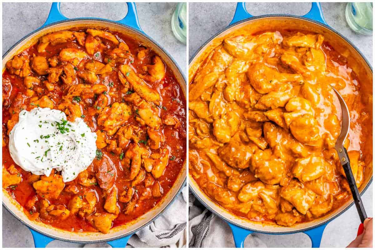 process shot to add the yogurt over the seasoned chicken in red sauce.