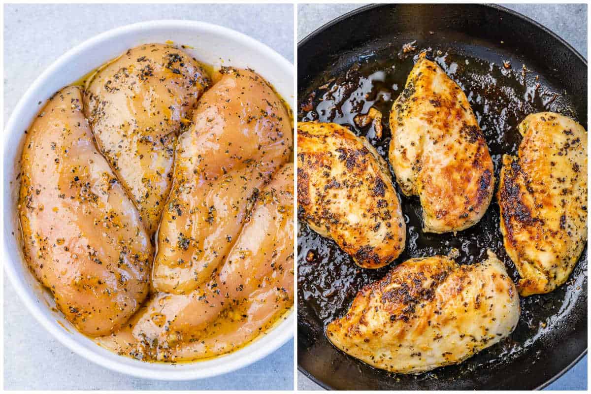 process shot for seasoning chicken breast and cooking it. 