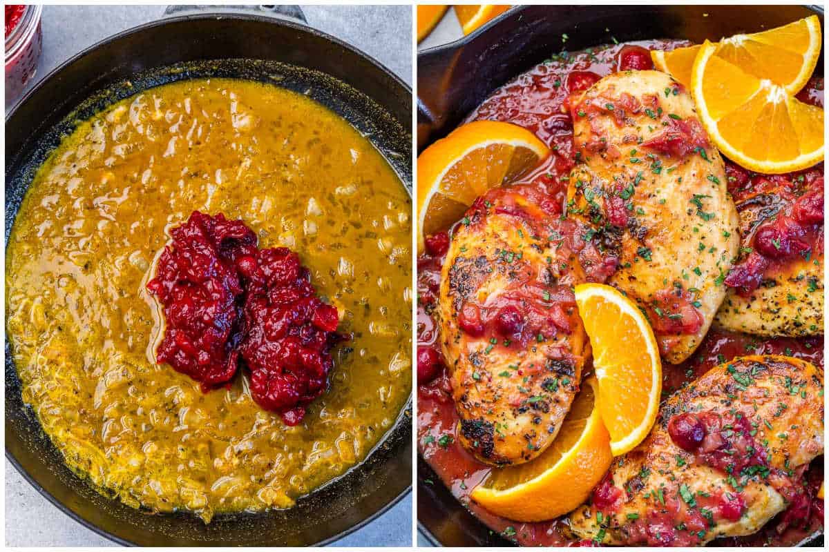 process shot of making the cranberry orange sauce and cooking with chicken.