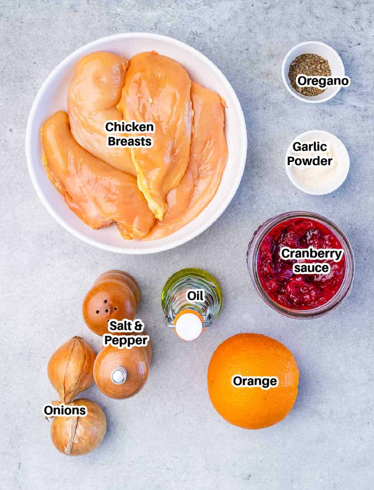 Ingredients for cranberry orange chicken.