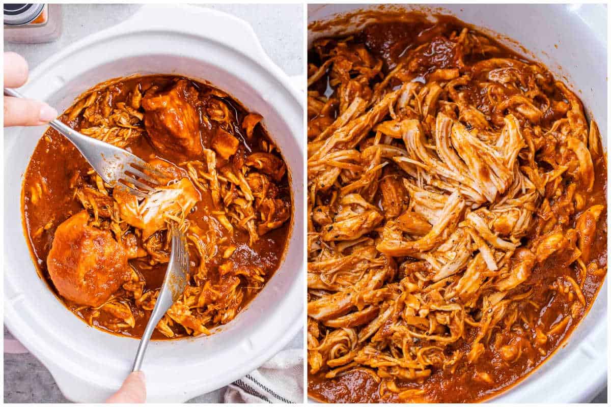 process shot to shred the bbq chicken in crockpot and serving.